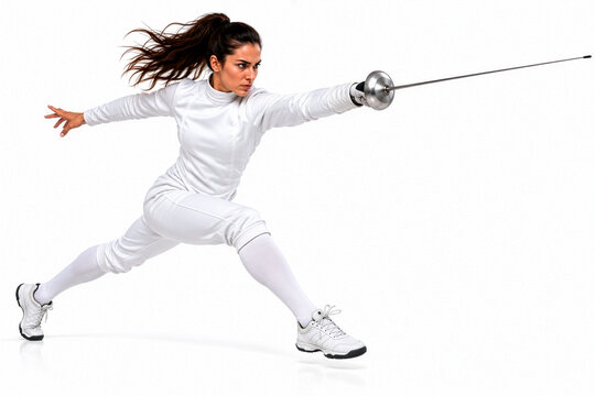 Female fencer holding a guard stance is captured in a dynamic sports pose with movement in focus. The uncluttered setting suits sports articles, fitness campaigns, and coaching materials.