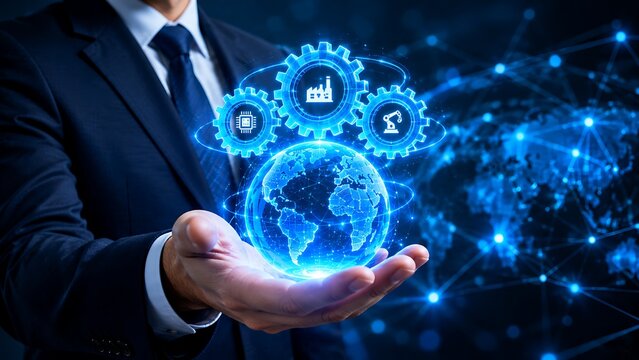 Futuristic global industry technology concept, businessman holding digital planet earth with glowing industrial gears, smart manufacturing network