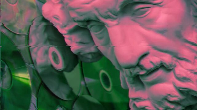 Looping glitch art video footage featuring antique Homer statue. Y2K digital decay animation, file corruption, memory degradation and noise buildup with pixel breakdown.