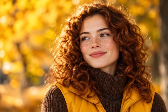 Autumn woman portrait with curly red hair, smiling young female in golden autumn park, fall season portrait