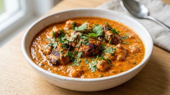 Authentic Indian chicken tikka masala dish with parsley garnish on wood background.