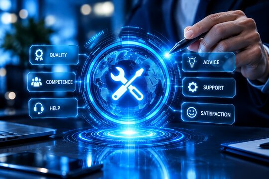 Technical support and customer service digital interface, business maintenance concept with tools icons, professional IT help desk overlay