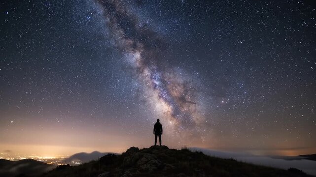 Person standing on mountain peak looking at starry milky way sky above city lights, representing wonder, exploration, solitude, night, and vastness