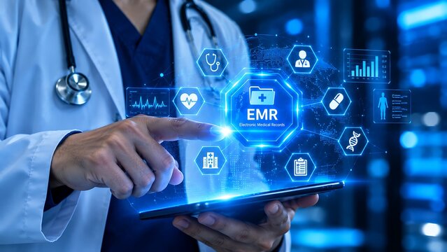 Electronic medical record EMR system on digital tablet held by doctor, digital health EHR network interface, blue futuristic healthcare technology