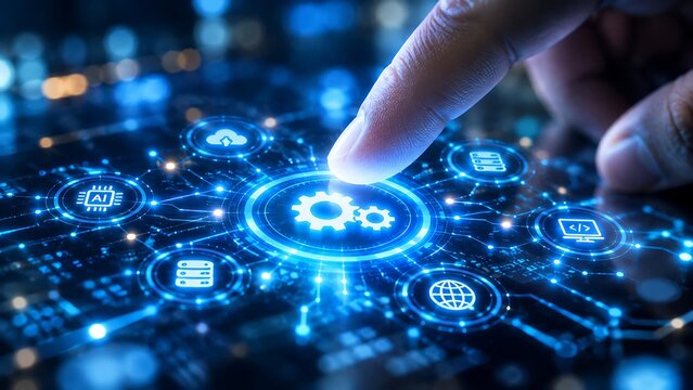 Futuristic digital technology interface, human finger touching glowing interactive touchscreen display, smart data network visualization