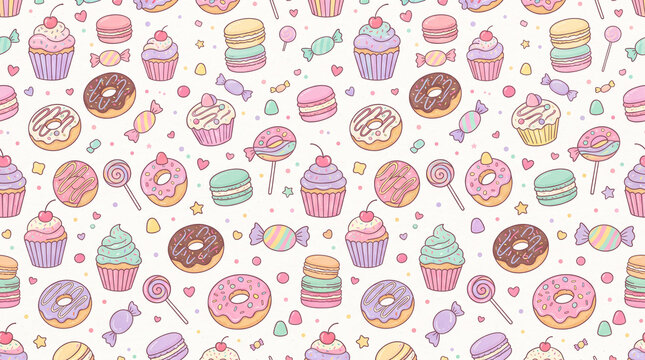 Seamless playful pattern of colorful cupcakes, donuts, macarons, candy and tiny decorative sprinkles 