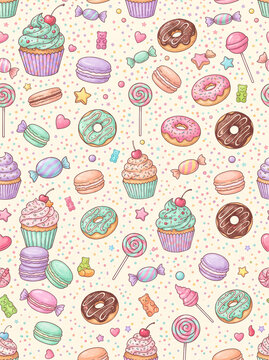 Seamless playful pattern of colorful cupcakes, donuts, macarons, candy and tiny decorative sprinkles 