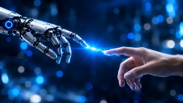 Futuristic artificial intelligence robot hand touching human hand, blue robotic hand and human touch with light spark, modern technology innovation concept