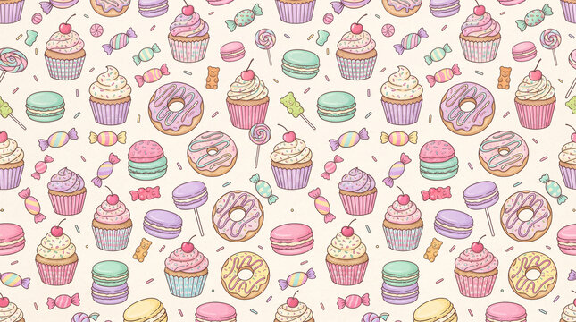 Seamless playful pattern of colorful cupcakes, donuts, macarons, candy and tiny decorative sprinkles 