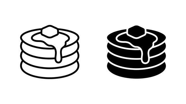 Breakfast pancake stack outline and solid vector icons with syrup and butter.