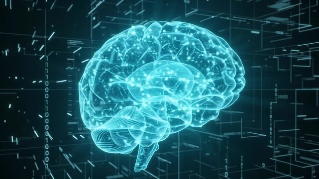 Digital brain glowing with circuit connections and binary code, representing artificial intelligence, neural network, cybernetics, data processing, and innovation