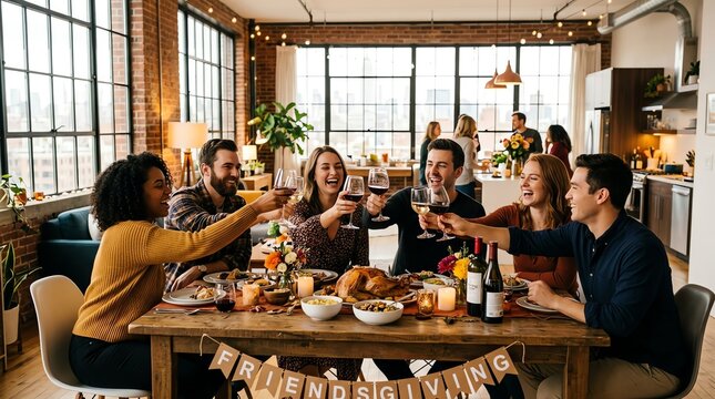Friends Enjoying a Thanksgiving Toast at a Festive Dinner Party