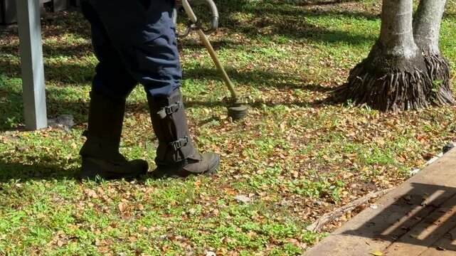 Landscaper wearing protective snake gaiters while using a string trimmer to clear yard debris