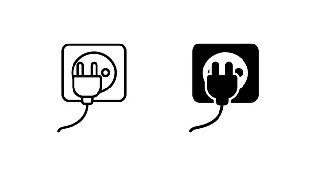Electric power plug and socket outlet icons in black line and solid styles for energy connectivity.