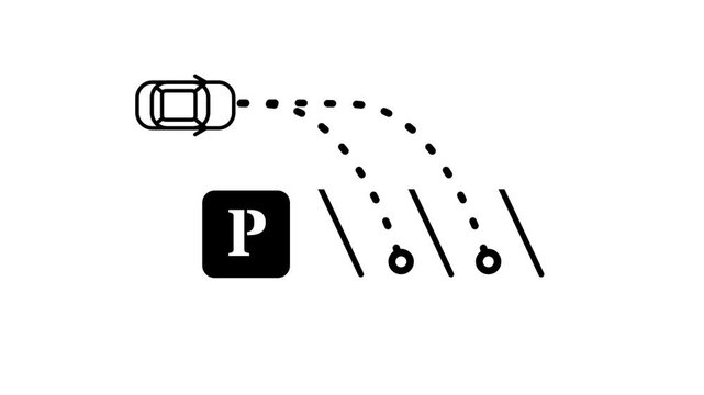 Car following a dotted guidance path toward a reserved parking sign and angled bays with indicator dots showing smart parking guidance for drivers