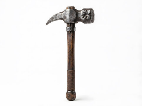 Antique hammer with worn wooden handle and rusted metal head isolated