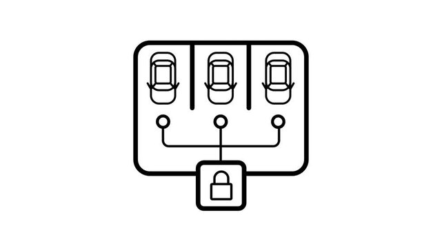 Three parked cars in bays linked by sensor lines to a central padlock control unit illustrating a secure centralized parking lock management system