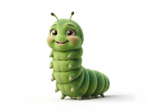 Green cartoon caterpillar mascot smiling cheerful animated character