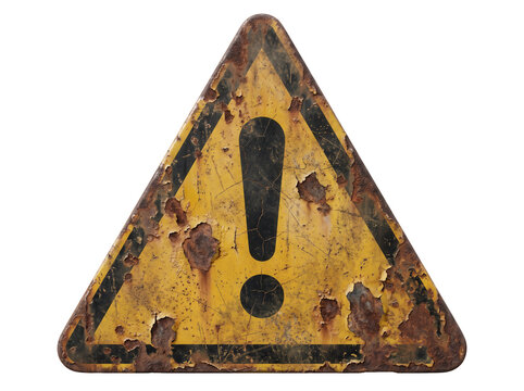 Rusty yellow triangle warning sign with exclamation mark isolated on black, featuring gritty grunge texture and weathered decay for industrial safety icon and danger alert symbol.