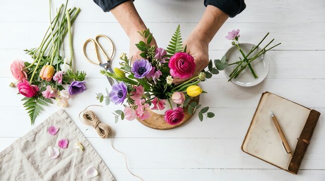 Hands Arranging a Colorful Bouquet of Fresh Flowers on a White Wooden Table