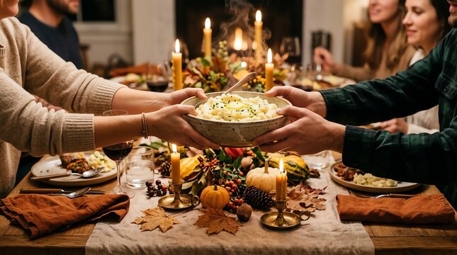 Hands passing a bowl of mashed potatoes at a Thanksgiving dinner