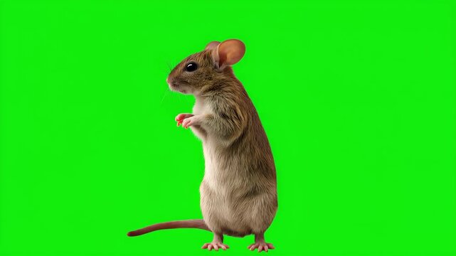 Cute realistic brown mouse standing upright on its hind legs with tiny pink paws, large ears and whiskers, isolated on bright green screen background
