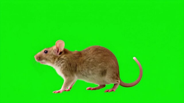 Cute realistic brown mouse standing upright on its hind legs with tiny pink paws, large ears and whiskers, isolated on bright green screen background