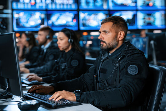Security personnel monitoring multiple computer screens while working at desks in a dark control room with blue displays, operational command center
