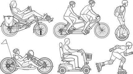 Diverse alternative personal transportation line art collection with recumbent bike tandem mobility scooter and rollerblades © MdBelal
