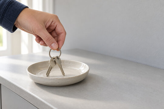 Hand picking up house keys from a ceramic dish