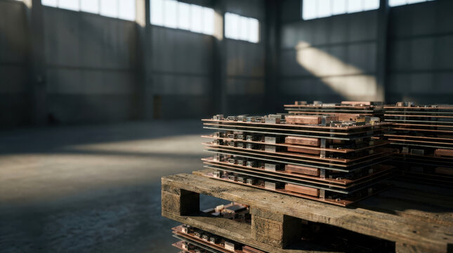 Geopolitical tensions shape global trade around stacked wooden pallet and metal cargo in dim warehouse sunlight