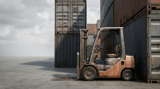 Geopolitical tensions reshape trade as worn forklift waits beside stacked shipping containers near quiet industrial harbor under clouds