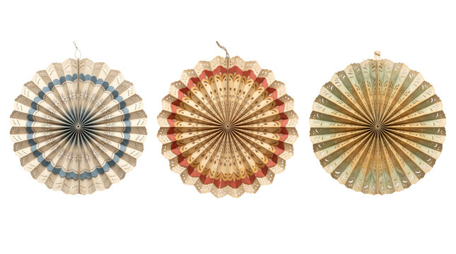 Three circular paper fans with pleated accordion folds, featuring vintage patterns in blue, red, and green on a white background