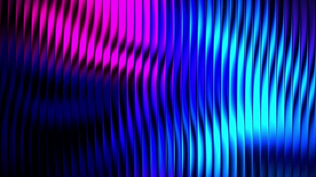 Abstract futuristic vertical metallic lines waving smoothly with vibrant neon blue and pink glowing light illumination creating stylish digital background motion