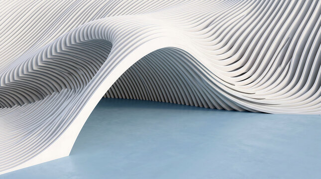 Abstract architectural structure featuring flowing white curved layers and wavy lines above a smooth light blue floor in a bright minimalist space
