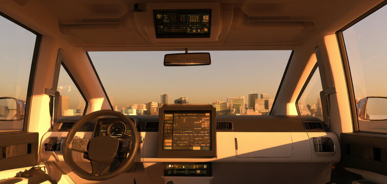 Modern vehicle interior with steering wheel and dashboard display overlooking a sunlit city skyline through the windshield from the front cabin