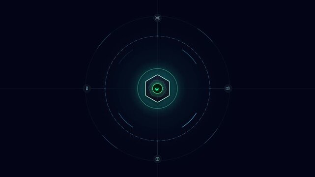 Futuristic hud cyber security loading and verification animation with hexagon target and success checkmark