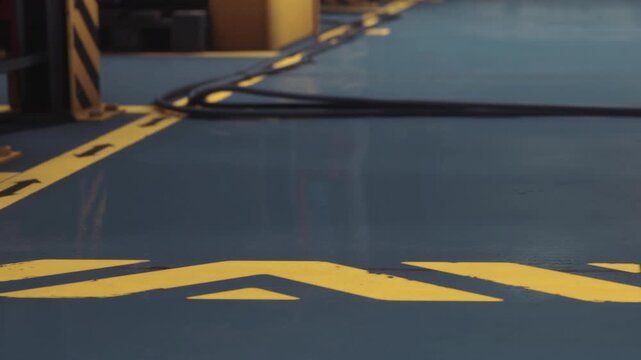 Vivid yellow lines contrast against a deep blue floor, leading the way on a bustling industrial site. Caution signs stand tall, ensuring safety amid machinery and activity.