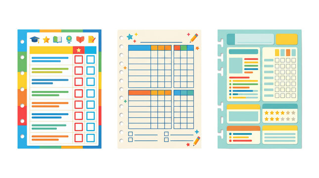 Three colorful planner and organizer page templates with checklists, grids, star ratings, and binder ring holes in a flat style