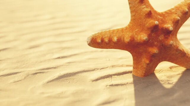 A vibrant starfish lies on the warm, sunlit sand by the beach. Soft waves lap gently nearby, creating a serene and peaceful atmosphere, perfect for a lazy summer day.