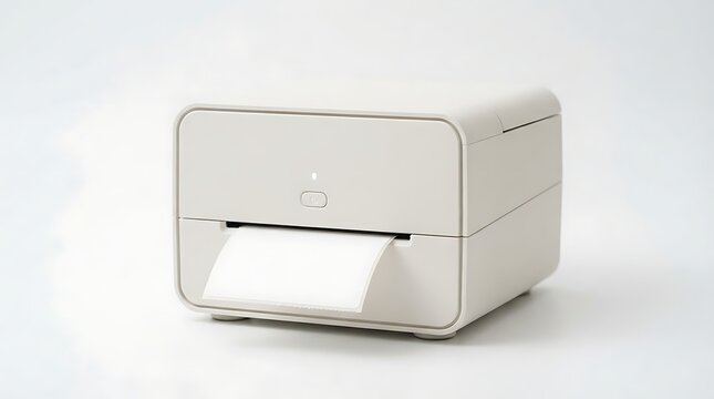 A white thermal label printer with a small piece of white paper feeding out, isolated on a plain white background, office or retail equipment