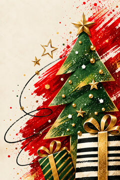 Festive christmas tree with gold star on ornaments, and striped gift boxes on painted red and beige background