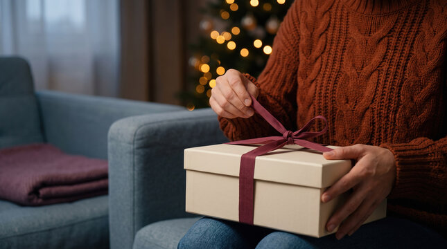 Person untying ribbon on a gift box during the holidays.