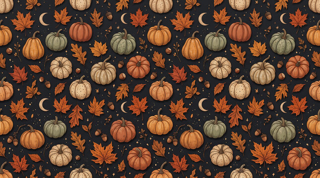 Autumn seasonal pattern with pumpkins and leaves