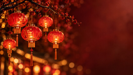 Red Chinese lanterns glowing on blossom branch with copy space © Anwar