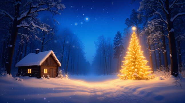 Glowing Christmas tree and snow-covered cabin under starry winter sky. Magical holiday wonderland scene for Christmas cards, festive stories, seasonal advertising.

