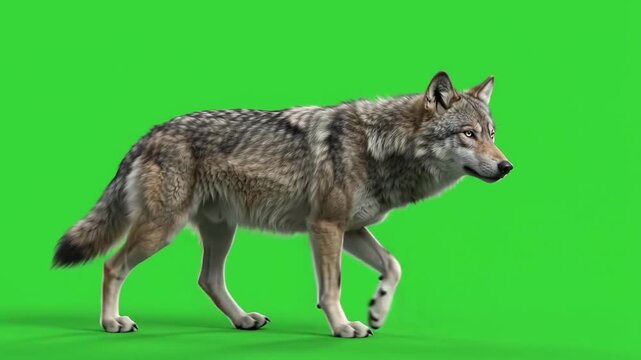 A majestic gray wolf strides confidently across green screen background, showcasing realistic fur and powerful gait for seamless compositing into diverse projects.