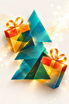Geometric teal christmas tree with golden gifts and red accents on a light background