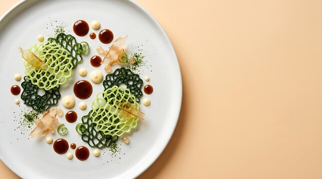 Gourmet fine dining appetizer with green lace tuile, artistic culinary plating on white plate, elegant molecular gastronomy dish with copy space