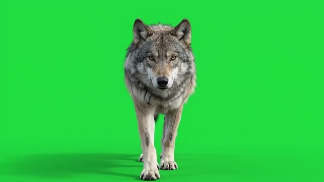 Gray wolf canis lupus walking directly forward through frame slow motion shot realistic 3d animation footage wild animal on green screen chroma key.